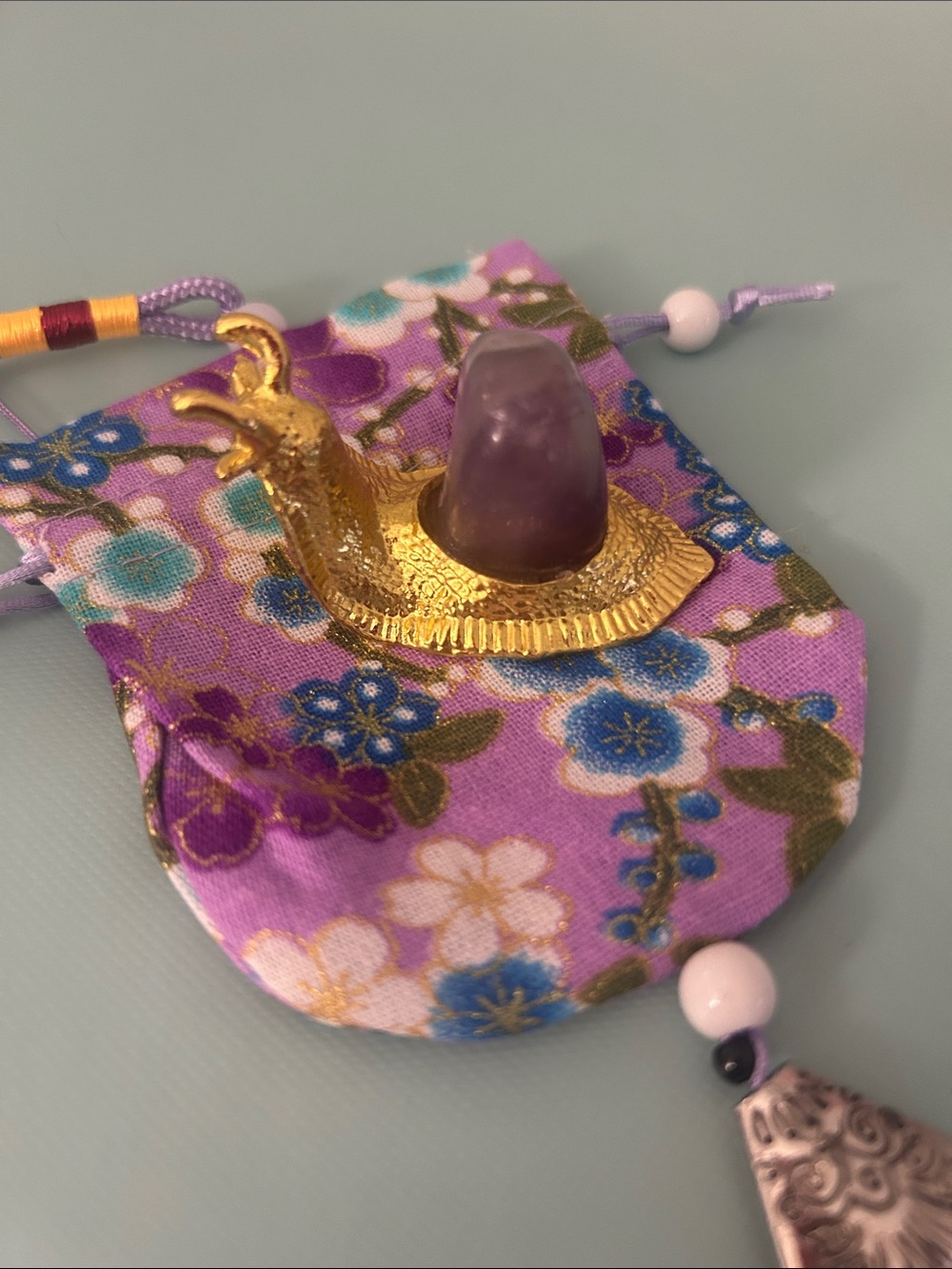 Amethyst Semi-Precious Stone & Gold Snail 2” long with floral dusty NWT